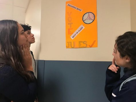 On October 19th, 2018, 12th grader Piero Gonzales, 11th graders Tiffany
Valentin and Luisa Navarette looking at candidate Julianna Benz’ poster
before the election, wondering if she would make a great 12th-grade president.