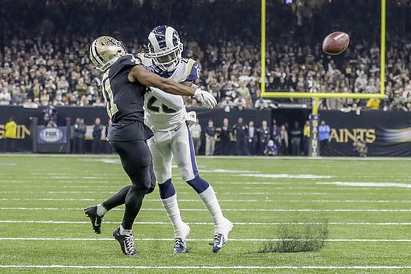 Rams cornerback Nickell Robey-Coleman hits the Saints Tommylee Lewis before the ball arrives. (Gerald Herbert/Associated Press)