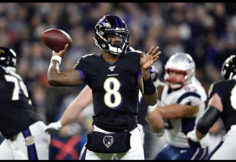 Ravens Quarterback and MVP candidate Lamar Jackson in the Ravens week 9 victory over the New England Patriots. (NFL Media/Photography)