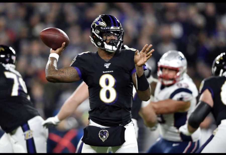 Ravens+Quarterback+and+MVP+candidate+Lamar+Jackson+in+the+Ravens+week+9+victory+over+the+New+England+Patriots.+%28NFL+Media%2FPhotography%29