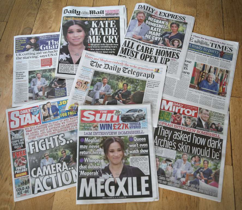 British newspapers and articles based on Meghan Markle and Harrys interview with Oprah Winfrey. Credit: Chris Jackson/Getty Images 
