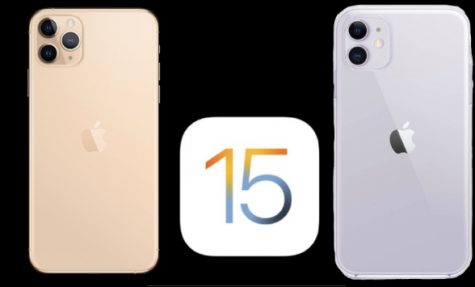 iOS 15 logo next to iPhones.