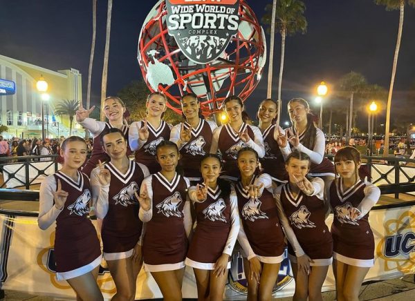 Coyote cheer team pose outside of the ESPN sign.