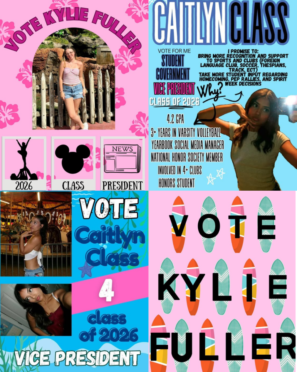 Posters of student council president Kylie Fuller and vice president Caitlyn Class.