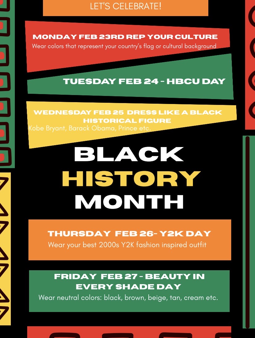 A graphic showing the spirit week schedule for Black History Month.